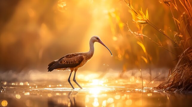The crested ibis frolicking in the autumn scenery of the wetland