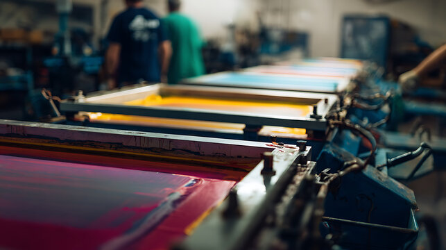 Industrial screen print process on a textile machine with vibrant inks, showcasing manual craftsmanship and factory production for custom apparel and design