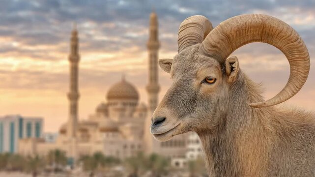 a ram with beautiful silky wool on a blurred background of a mosque in an Arab city, Eid al-Adha, a Muslim holiday, May 27, Islam, sacred animal, sheep, lamb, goat