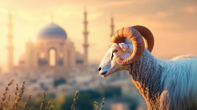 a ram with beautiful silky wool on a blurred background of a mosque in an Arab city, Eid al-Adha, a Muslim holiday, May 27, Islam, sacred animal, sheep, lamb, goat