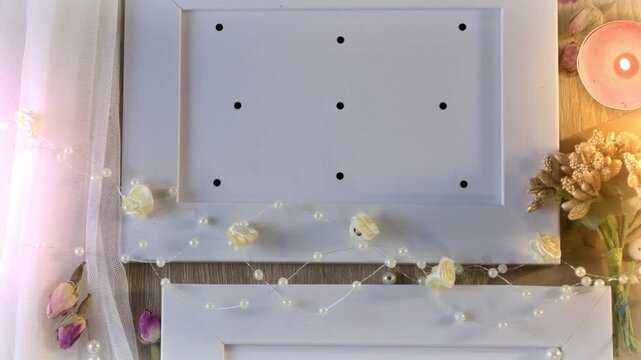 Wedding photo frame mockup with 9 tracking markers on wooden table with candles and flowers for easy motion tracking