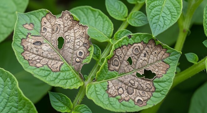 Close up of potato plant leaves showing signs of early blight disease with brown spots
