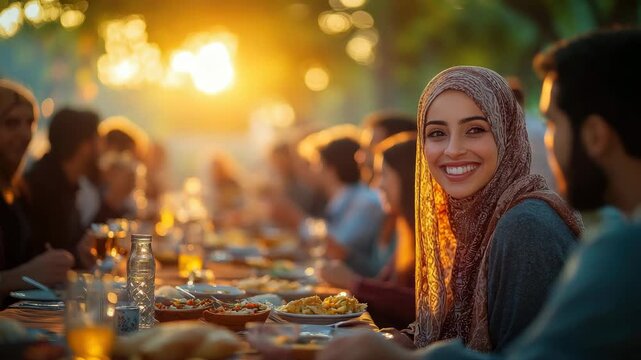 muslim woman in hijab, Iftar, a communal dinner in a city park, a diverse group of Arab people smiling and sharing food at long tables at sunset, Ramdan Kareem, Islam, Eid al-Adha
