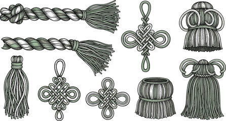 Luxury Decorative Macrame Knots and Braided Rope Tassels Vector Illustration Set Featuring Intricate Silk Fringe and Cotton Cord Ornaments Isolated on White Background © MstRakha