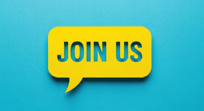 Join Us message on yellow speech bubble, recruitment and membership concept on blue background, hiring and community invitation