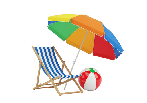 Colorful beach chair umbrella and ball setup on transparent background
