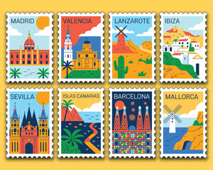 Obraz premium Spain stamps vector illustration, travel badge set featuring Madrid Valencia Barcelona Sevilla Ibiza Mallorca Canary Islands and Lanzarote destinations.