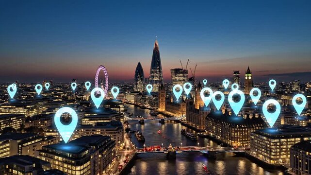 London cityscape with glowing location pins at dusk