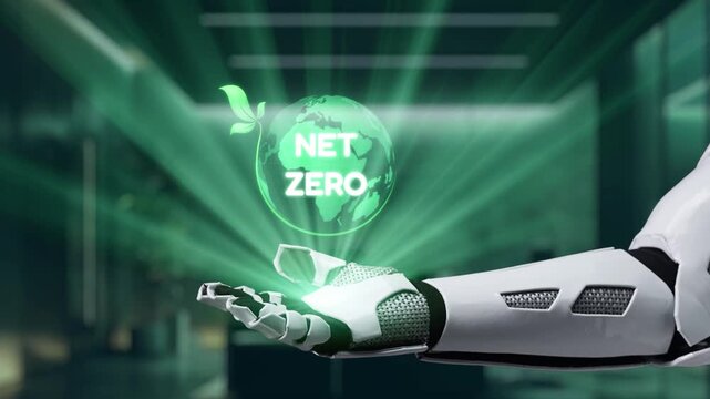 Futuristic robot hand showcases a green globe featuring the net zero concept, emphasizing sustainability with eco-friendly icons, highlighting innovation and environmental responsibility. Auvana