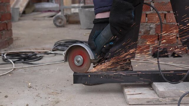 Worker Cutting Metal with Angle Grinder Slow Motion 4K Industrial Sparks