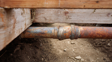 Fototapeta premium Corroded metal pipe beneath grunge wooden structure showing deterioration and repair need, utility line detail in outdoor setting