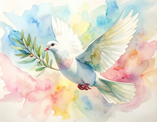 Obraz premium White dove of peace carrying an olive branch with a vibrant rainbow watercolor background