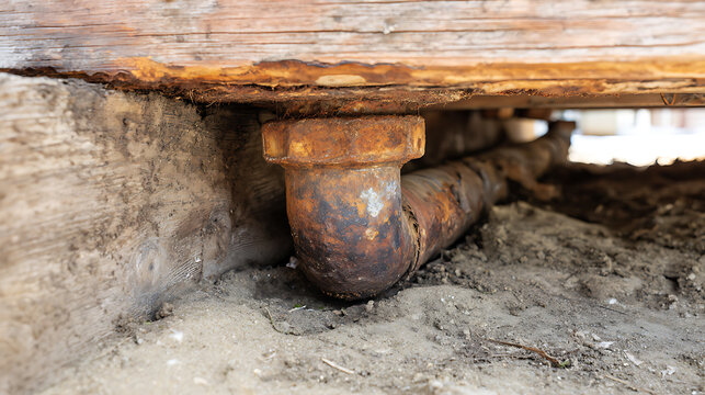 Close-up of a severely corroded and decaying metal pipe beneath old wooden beams and concrete, indicating neglect and damage