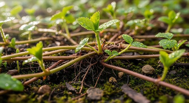 Young strawberry plant runners spreading over dark soil with new green leaves and roots
