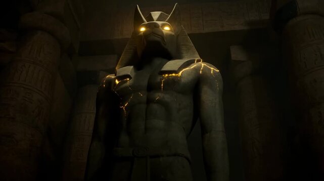 Slow zoom up on anubis statue as golden cracks spread across chest inside ancient egyptian temple interior