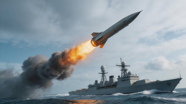 Naval destroyer firing a missile at sea, with a fiery plume against a cloudy sky, missile launch