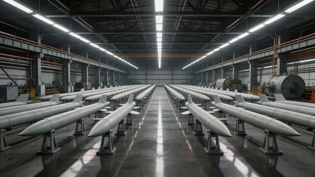 Rows of missiles lined up in a vast industrial warehouse, suggesting mass production and military manufacturing, assembly line