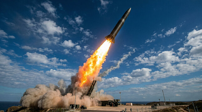 Powerful rocket launch from a mobile platform, with thick smoke and bright flames against a cloudy blue sky, blast off