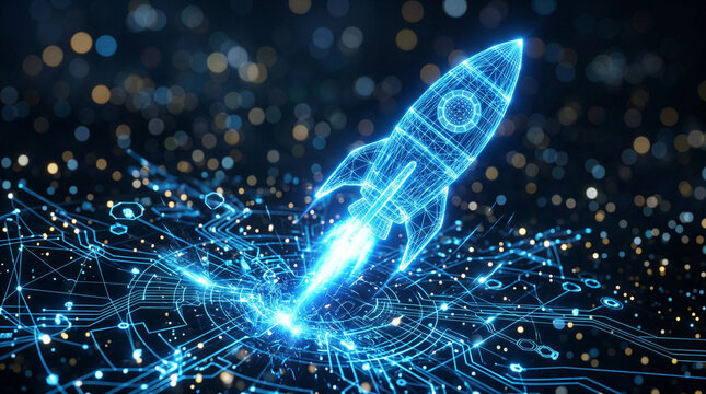 Digital stylized rocket ship launching upwards with bright blue light trails and glowing particles on a dark, tech-inspired background, start up