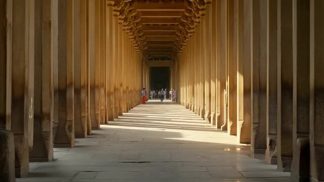 Tracking shot of tourists walking through ancient colonnade corridor toward dark entrance in sandstone temple at midday