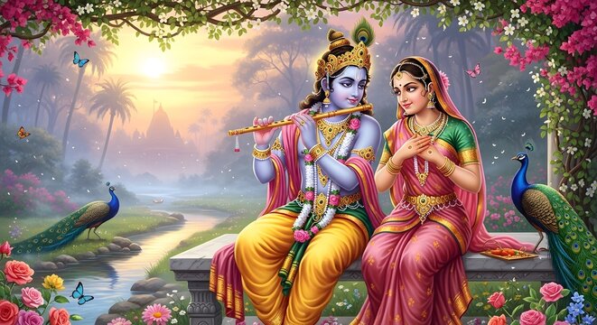 Lord sri krishna and radha in a serene garden setting a divine moment captured
