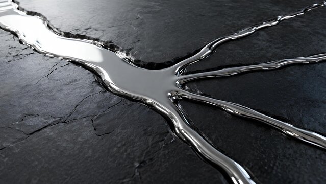 Chrome liquid bridge splitting into multiple paths mid-crossing, decision-making concept