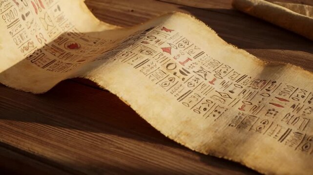 Slow pan close up of ancient parchment with hieroglyphs unrolling across wooden table in warm sunlight