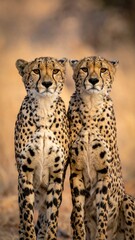 Naklejka premium Two cheetahs sit side-by-side, staring at the viewer, with a grassy, out-of-focus background