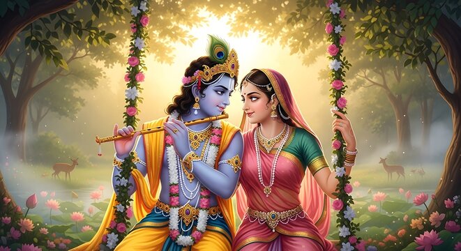 Lord sri krishna and radha in a romantic garden setting with floral swing