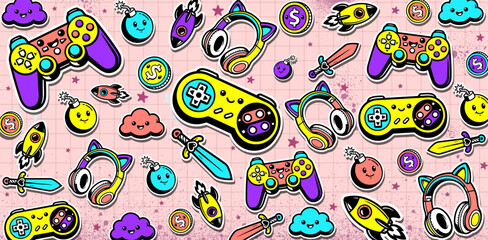 Cute Game background vector illustrations. Various game elements wallpaper in graffiti style
