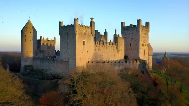 Aerial tracking shot of medieval castle revealing stone towers and battlements over wooded hill landscape at golden sunset