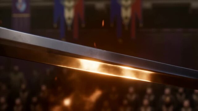 Slow motion tracking close up of sword blade glancing and glowing over arena crowd and banners in medieval hall