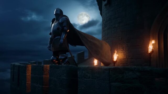 Tracking shot of armored knight standing with billowing cape on castle battlement at night under full moon