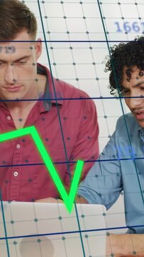 Finance colleagues watching peaks on laptop, data updating and animating green line on blue grid