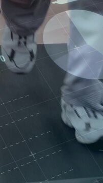Vertical video: Right tap starting legs in white sneakers stepping on grid mat, HUD tracking pace