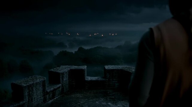 Pan and tracking shot of woman standing on castle battlement overlooking foggy forest with distant fires on horizon at night