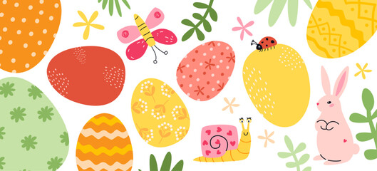 Easter colorful banner. Spring composition with eggs, bunny, snail, butterfly, flowers and leaves © Peviotadesign