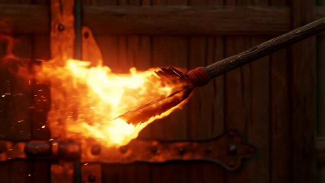 Slow motion tracking close up of flaming arrow striking wooden barn door with sparks and embers at night