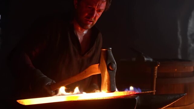 Tracking shot of blacksmith hammering glowing metal on anvil in dim forge workshop with sparks and flames