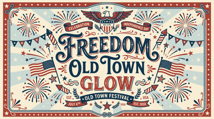 vintage patriotic celebration banner showcasing fireworks and flags for independence day in old town festival