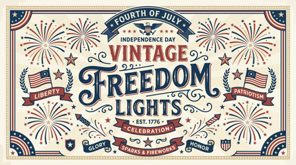 Celebratory vintage Fourth of July graphic featuring patriotic symbols and fireworks display for independence day festivities