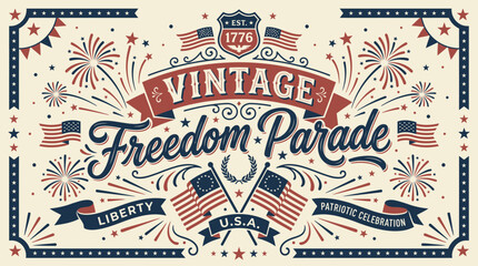 Vintage Freedom Parade Celebration Emblem with Patriotic Symbols and Fireworks Display