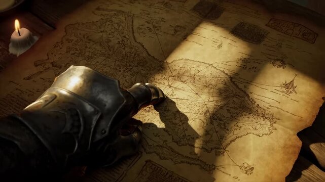 Tracking shot of gauntleted hand pointing at old map on wooden table by candlelight