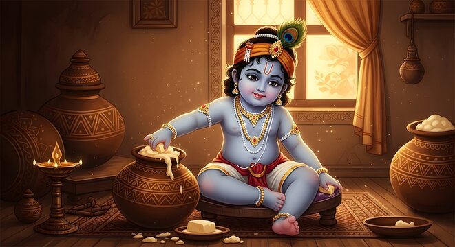 Lord sri krishna as a young boy in a traditional indian setting