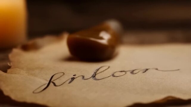 Slow motion tracking close up of fountain pen writing cursive on parchment with wax seal dropping beside candlelit desk in warm evening light