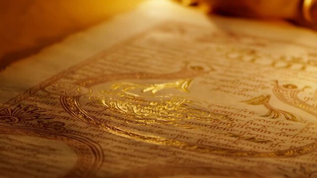 Tracking shot of illuminated manuscript closeup revealing gold leaf detail on parchment in warm library light