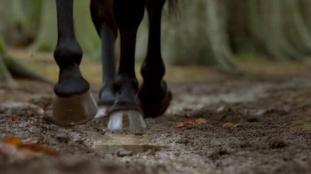 Slow motion tracking shot of horse hooves splashing through muddy forest trail with close up low angle view
