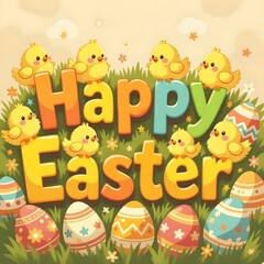 Obraz premium Happy Easter text with chicks and colorful painted eggs