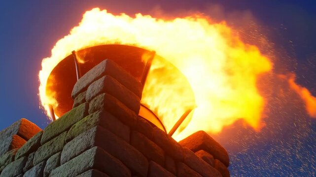 Slow pan tracking of brazier fire and flying sparks atop stone tower battlement rooftop at dusk sky