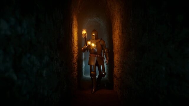 Tracking shot of knight walking with torch through narrow stone tunnel underground with warm torchlight and deep shadows